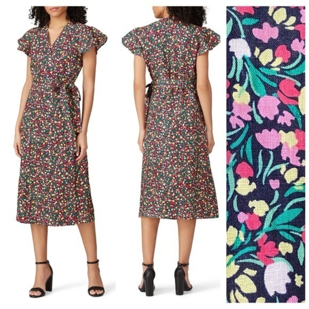 Draper James Colorful Floral Linen Midi Wrap Dress 6